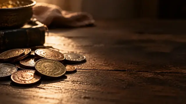 Algumas moedas antigas espalhadas sobre uma superfície de madeira escura com brilho suave, sem texto legível
