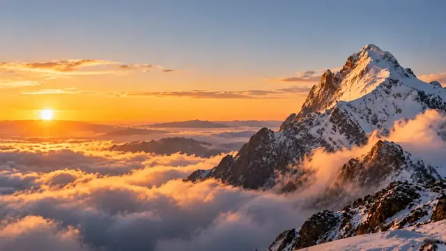 Snowy mountain peak above a sea of clouds at sunrise, a wide and calm scene