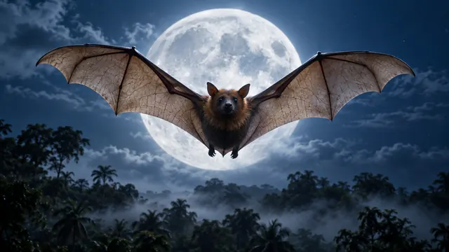 Murciélago de alas abiertas volando frente a una luna llena, sobre la copa oscura de los árboles, con neblina azulada