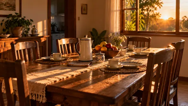 Mesa de jantar de madeira posta com xícaras, bule e frutas, cercada por cadeiras vazias, com a luz dourada do pôr do sol entrando pela janela
