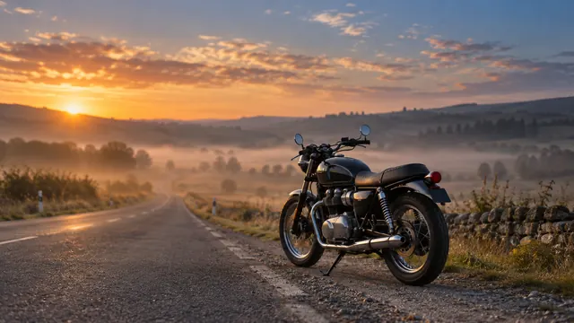 Motocicleta parada numa estrada vazia ao entardecer, com névoa suave no asfalto e luz dourada no horizonte