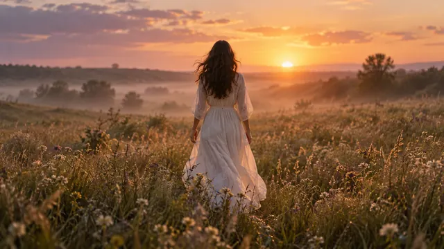 Mulher de vestido branco vista de costas caminhando por um campo enevoado sob a luz dourada do fim de tarde
