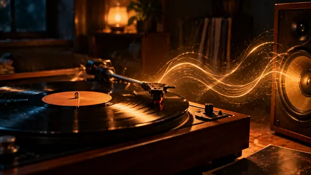 Disco de vinil girando em uma vitrola antiga em um quarto escuro, com a agulha tocando e ondas suaves de luz dourada saindo do alto-falante