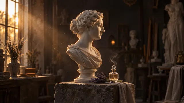 Busto de mármore visto de perfil ao lado de um ramo de lavanda e um frasco de perfume com névoa sob luz dourada