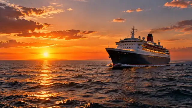 Navio de cruzeiro navegando no mar ao entardecer, com o sol se pondo no horizonte e o reflexo dourado na água