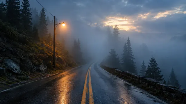 Narrow mountain road covered in dense fog at dawn, with a lit lamp post and pine trees fading into the white