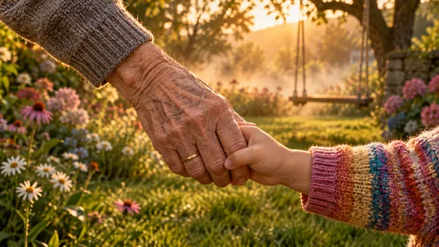 Mão de uma pessoa idosa segurando a mãozinha de uma criança pequena num jardim ao entardecer, com luz dourada e fundo desfocado