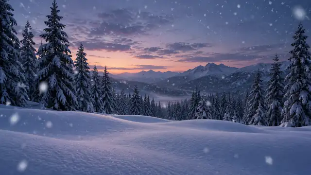 Paisagem silenciosa coberta de neve ao entardecer, com pinheiros ao fundo e flocos caindo devagar sob uma luz azulada e suave
