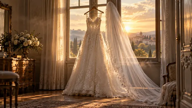 Vestido de noiva branco com véu de renda pendurado perto de uma janela iluminada pela luz dourada do fim de tarde