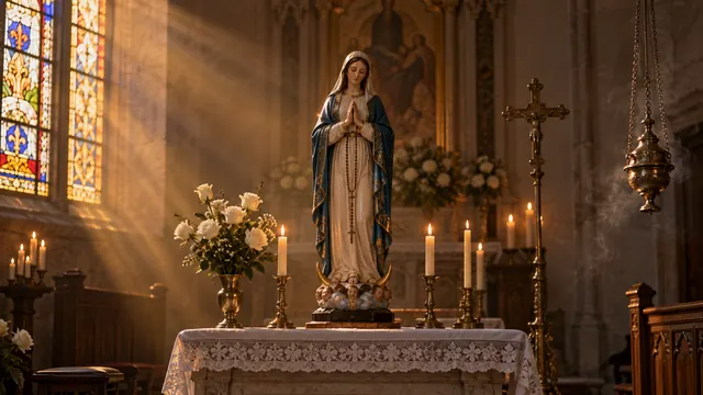 Estátua tradicional de Nossa Senhora de manto azul num pequeno altar de capela, cercada por velas acesas e luz dourada suave