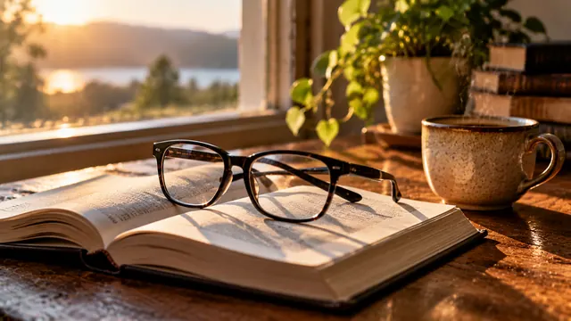 Óculos de grau com armação escura sobre um livro aberto numa mesa de madeira, ao lado de uma xícara, à luz suave da manhã