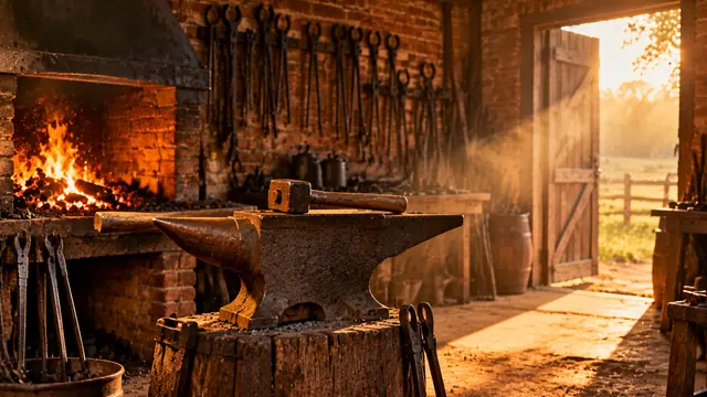 Bigorna de ferro numa forja rústica, com ferramentas de ferreiro penduradas na parede de tijolos, brasas acesas e luz quente de fim de tarde entrando pela porta