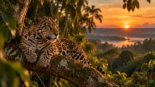 Onça-pintada deitada sobre um tronco na mata ao entardecer, com luz dourada filtrada pelas folhas e olhar tranquilo voltado para o lado