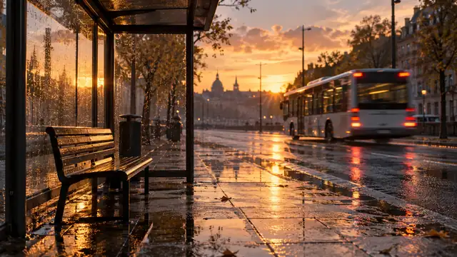 Empty bus stop on a wet street at dawn, with a blurred bus pulling away in the background and golden light reflected on the asphalt