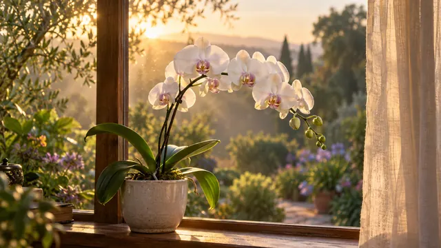 Orquídea branca florida num vaso de cerâmica sobre o parapeito de uma janela, iluminada por luz dourada e névoa suave
