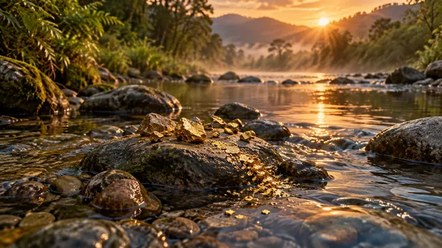 Pepitas e pó de ouro brilhando sobre pedras molhadas na beira de um riacho, com névoa e luz dourada de fim de tarde