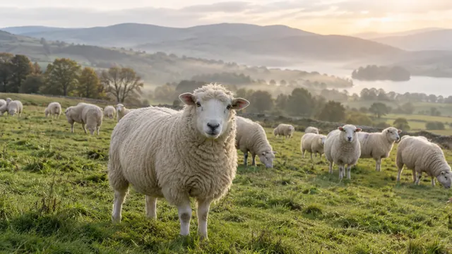 Rebaño de ovejas blancas en un pasto verde con cerros al fondo, una oveja en primer plano mirando a la cámara, luz difusa del final de la tarde