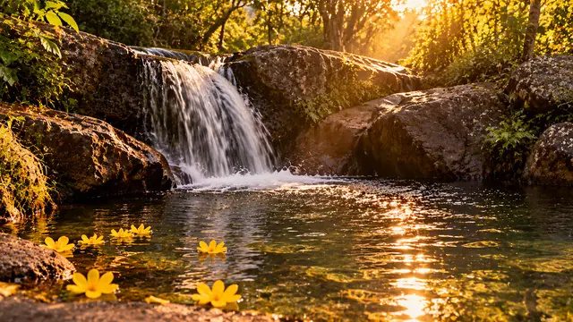 A small waterfall pouring into a freshwater pool surrounded by rocks, with yellow flowers floating and golden late-afternoon light between the trees
