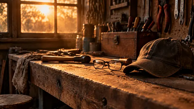 Bancada de madeira numa garagem antiga com ferramentas gastas, um par de óculos de leitura e um boné apoiados, iluminada pela luz de fim de tarde que entra pela janela