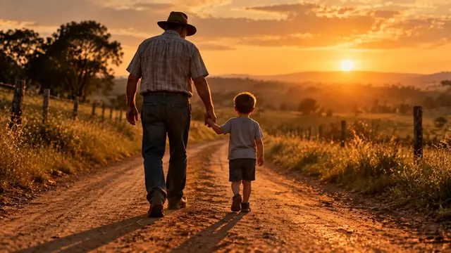 Mão de um homem mais velho segurando a mão de uma criança numa estrada de terra ao pôr do sol, vista de costas