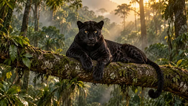 Leopardo negro echado sobre una gruesa rama de árbol en el bosque al atardecer, con ojos amarillos y luz dorada que atraviesa la neblina