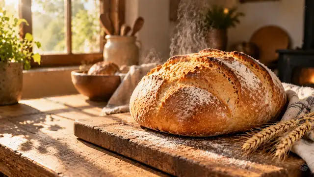 A rustic loaf of bread with a golden crust on a wooden board in a kitchen, with ears of wheat and morning light coming through the window