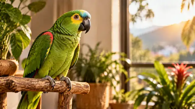 Papagaio verde pousado num poleiro de madeira perto de uma janela, com plantas e luz do sol