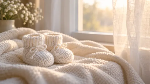 Par de sapatinhos de bebê de tricô branco sobre uma manta de lã clara, perto de uma janela com cortina leve e flores brancas, na luz suave da manhã
