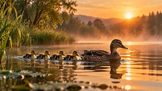 Pata nadando num lago ao amanhecer seguida por uma fila de patinhos, com névoa sobre a água e luz dourada