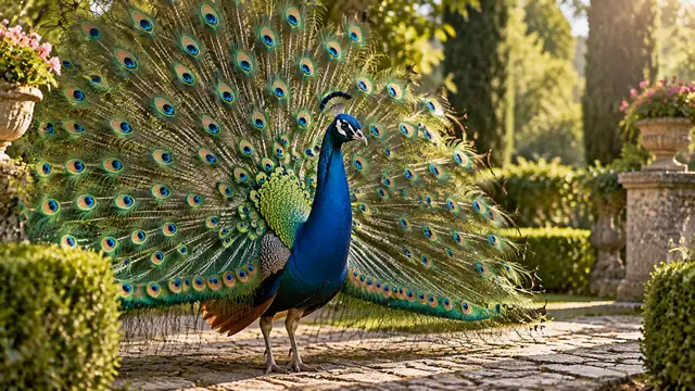 Pavo real con la cola abierta en abanico en un jardín con seto y camino de piedra, bajo luz dorada