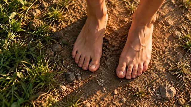 Bare feet of an adult on packed earth and stones, with grass to one side, golden late-afternoon light and long shadows