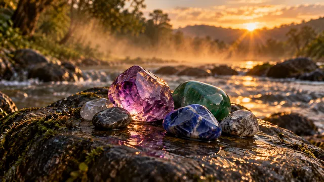 Smooth colored stones on a rock at the edge of a stream, with light mist and golden late-afternoon light