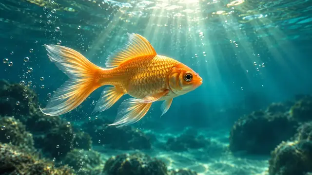 Peixe dourado nadando em água cristalina iluminada pelo sol, com raios de luz atravessando a superfície