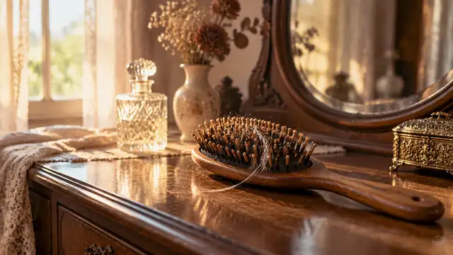 Penteadeira antiga com espelho oval, escova de cabelo de madeira, frasco de perfume de cristal e flores secas, sob luz suave da janela