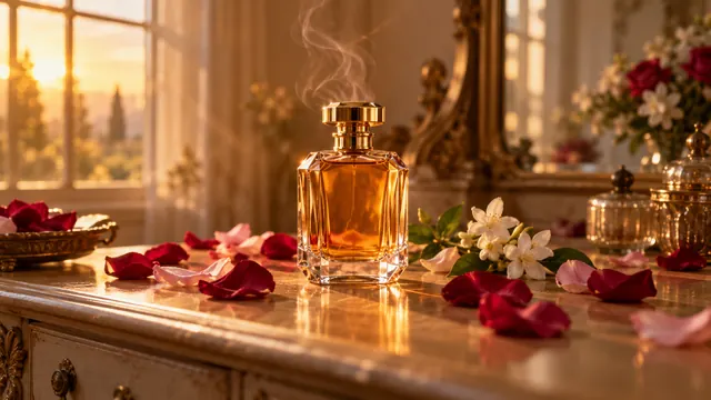 Frasco de perfume de vidro sobre uma penteadeira antiga, com pétalas de rosa ao redor e luz dourada de fim de tarde