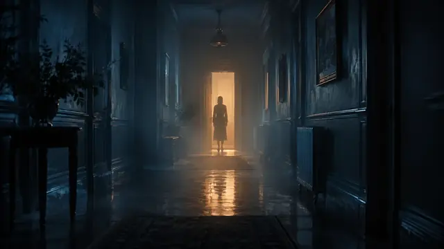 Silhouette of a person standing at the end of a hallway lit by warm light, face in shadow