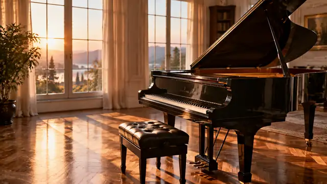 Piano de cauda preto numa sala com piso de madeira e janelas altas com cortinas, iluminado pelo sol do fim de tarde