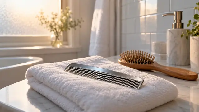 Metal fine-tooth comb on a white towel next to a hairbrush, in a bathroom lit by morning light