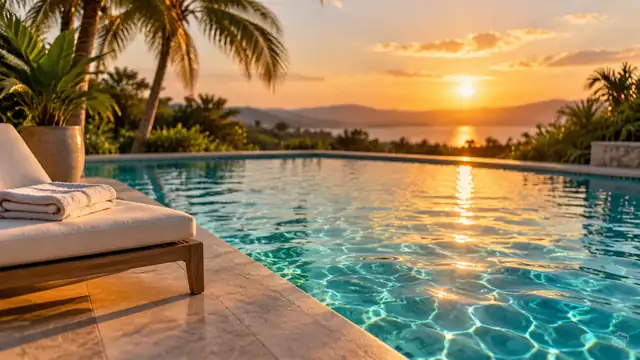 An infinity pool at sunset, with shimmering turquoise water, a lounge chair with a towel and palm trees all around