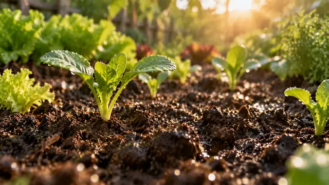 Mudas verdes brotando da terra molhada de uma horta depois da chuva, com gotas brilhando na luz do sol