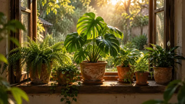 Vasos com plantas verdes e viçosas perto de uma janela, com folhas iluminadas por luz dourada de fim de tarde e névoa suave
