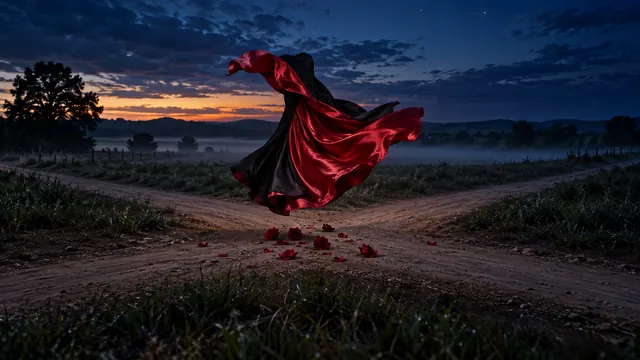 Encruzilhada de terra ao anoitecer com rosas vermelhas no chão e um longo tecido de cetim vermelho e preto flutuando ao vento