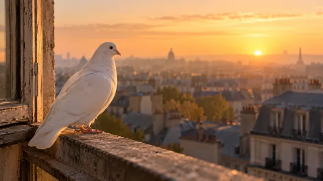 Paloma blanca posada en el borde de una ventana antigua al amanecer, con techos de la ciudad desenfocados al fondo y luz suave