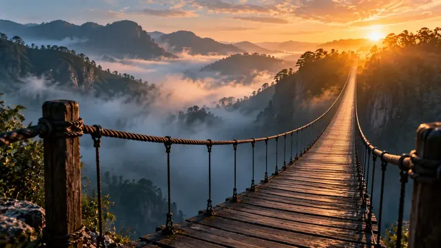 Ponte suspensa de madeira atravessando um vale coberto de névoa ao amanhecer, com o outro lado iluminado por luz dourada