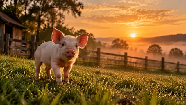Leitão rosado em um gramado de sítio ao amanhecer, com cerca de madeira e névoa dourada ao fundo