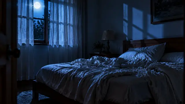 Bedroom at night with an unmade bed and rumpled sheets, bluish moonlight coming through a thin curtain and the soft shadow of the window cast on the wall