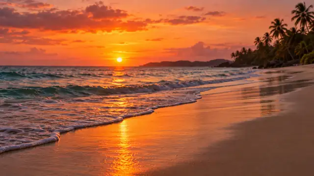 Praia vazia ao entardecer com ondas suaves chegando na areia, céu alaranjado e coqueiros desfocados ao fundo