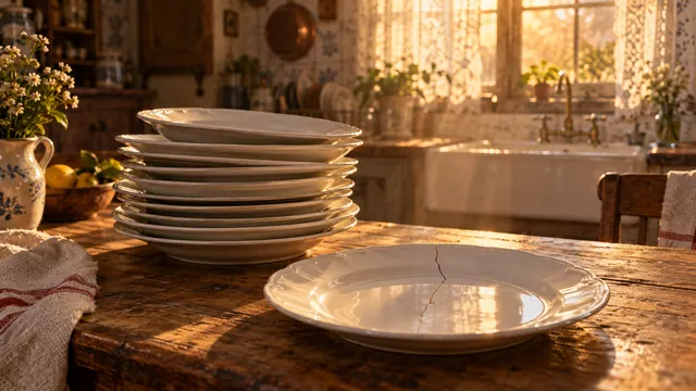 Pilha de pratos brancos de porcelana sobre uma mesa de madeira, com um prato rachado à frente e luz dourada entrando pela janela
