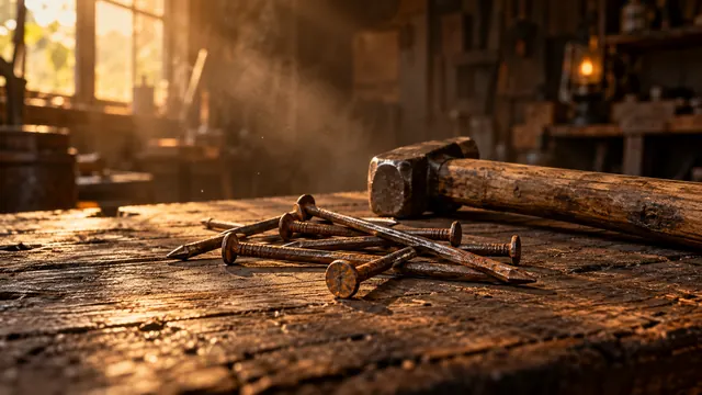 Pregos de ferro antigos sobre uma tábua de madeira rústica, com um martelo ao lado, iluminados por luz dourada numa oficina