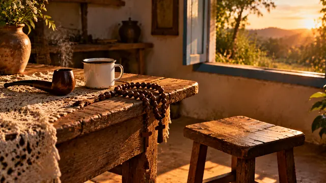 Banquinho de madeira ao lado de uma mesa rústica com cachimbo de madeira, xícara de café e um rosário de contas de madeira, sob luz de fim de tarde vinda da janela